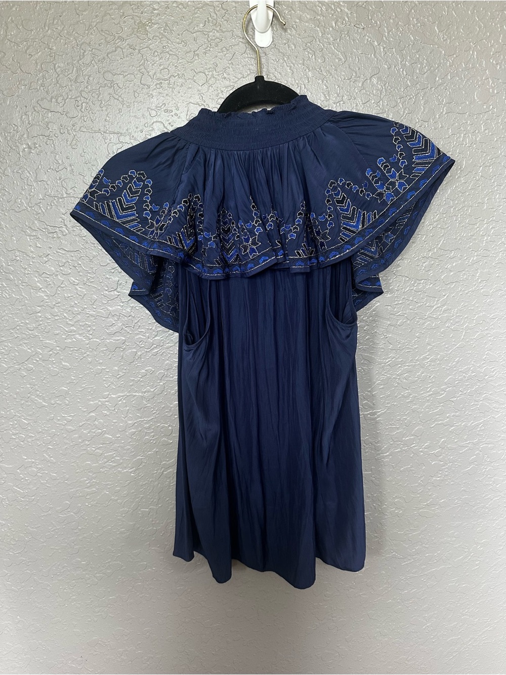 Ramy Brook Navy Embroidered Ruffle Button-Front Top - Picture 3 of 3